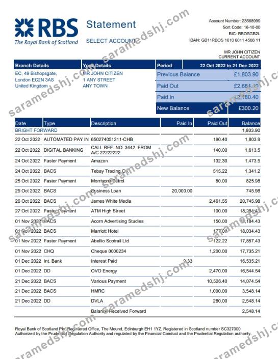 United Kingdom Royal Bank of Scotland (RBS) bank statement, Word and PDF template